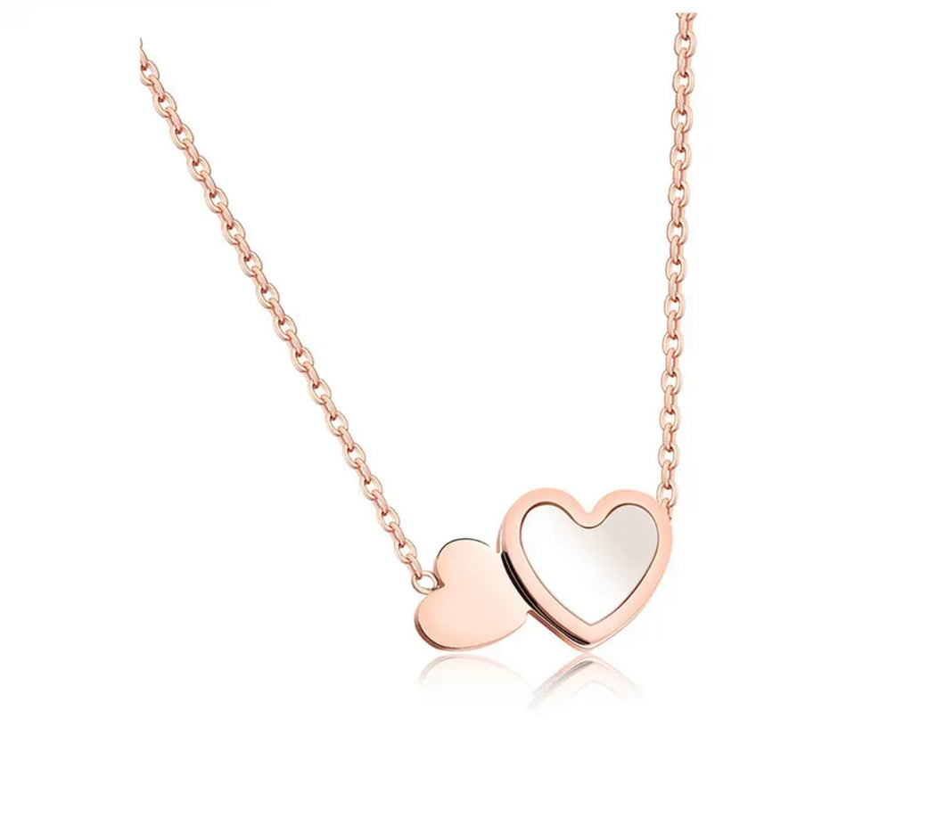 Rose Gold Double Heart Mother of Pearl Necklace