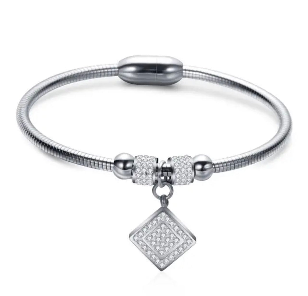 Silver Bracelet with Square Stone Set Charm