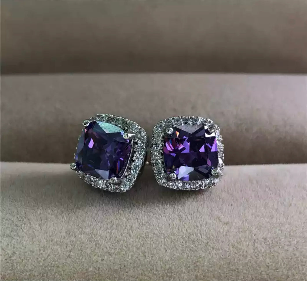 Silver Colour Purple Stone Set Diamante earrings