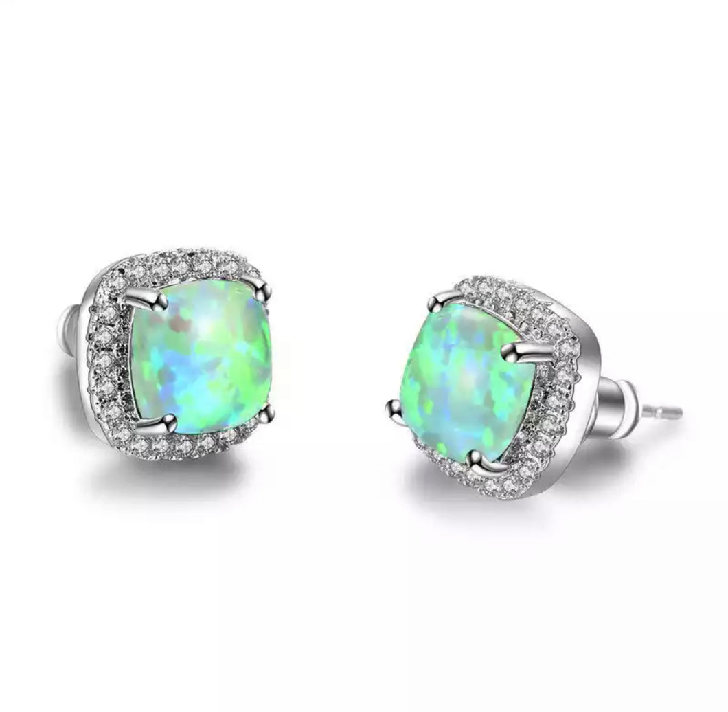 Silver Colour Green Opal & Diamante Earrings
