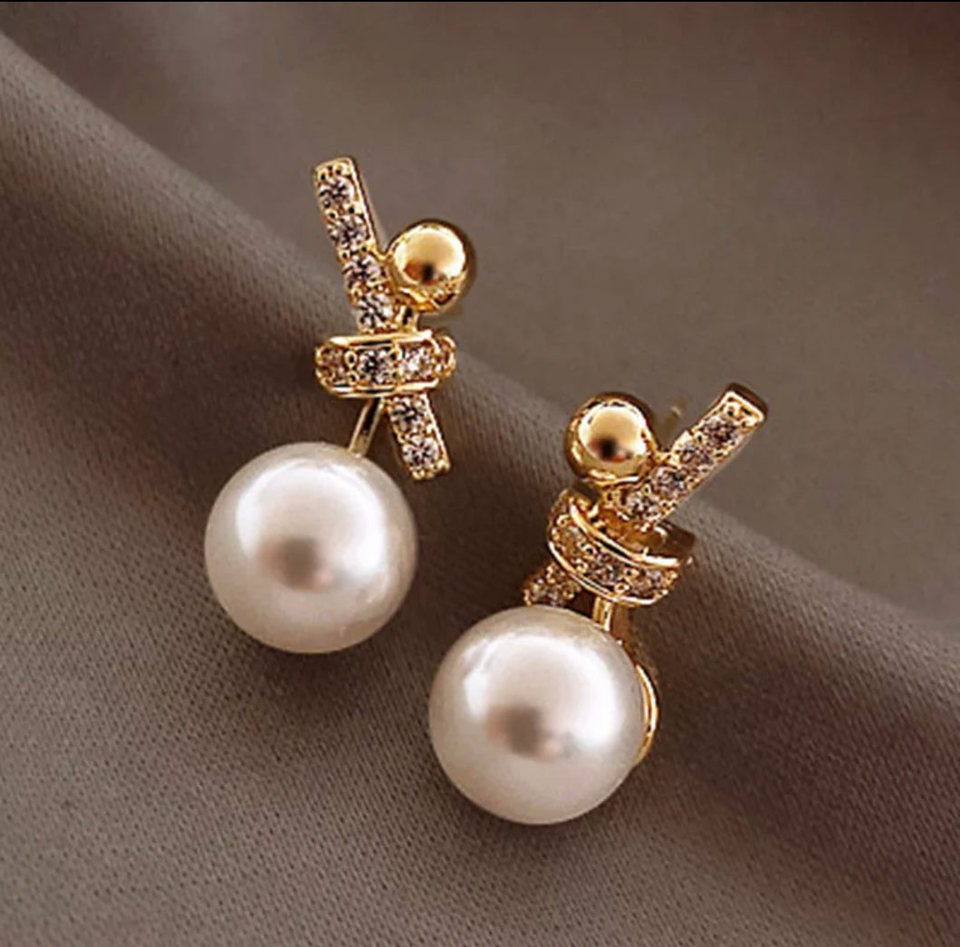 Gold Tone Pearl & Diamante Earrings