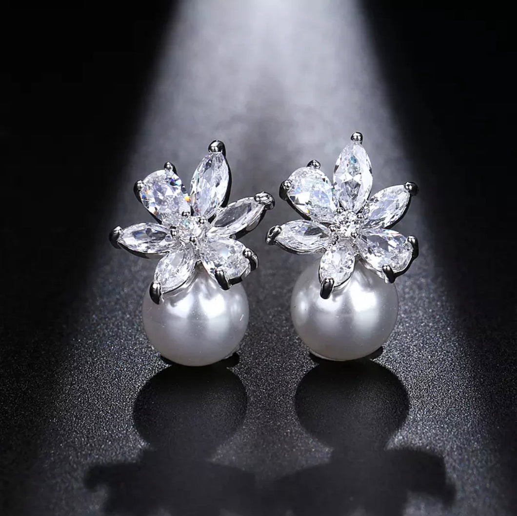 Pearl & Flower Cz Earrings