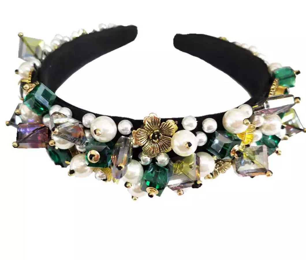 A1007 Green/Pearl Embellished Headband