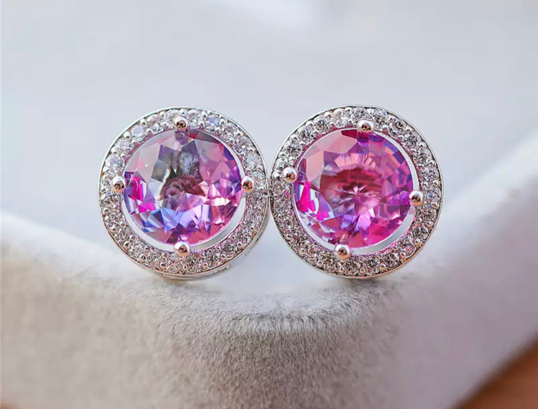 Purple Pink round Stone Set Earrings