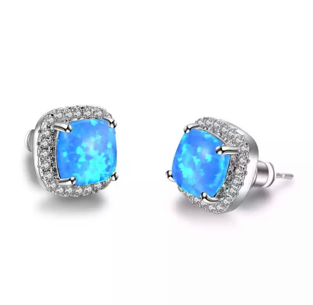 Silver Colour Blue Opal Stone Set Earrings