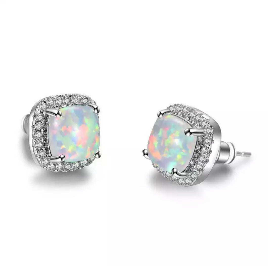 Silver White Opal Stone Set Earrings
