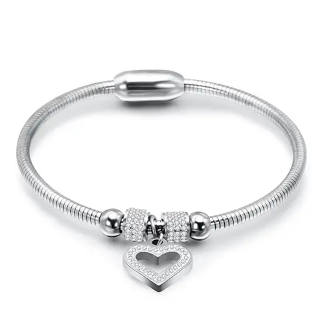 Silver Bracelet with Stone Set Open Heart charm