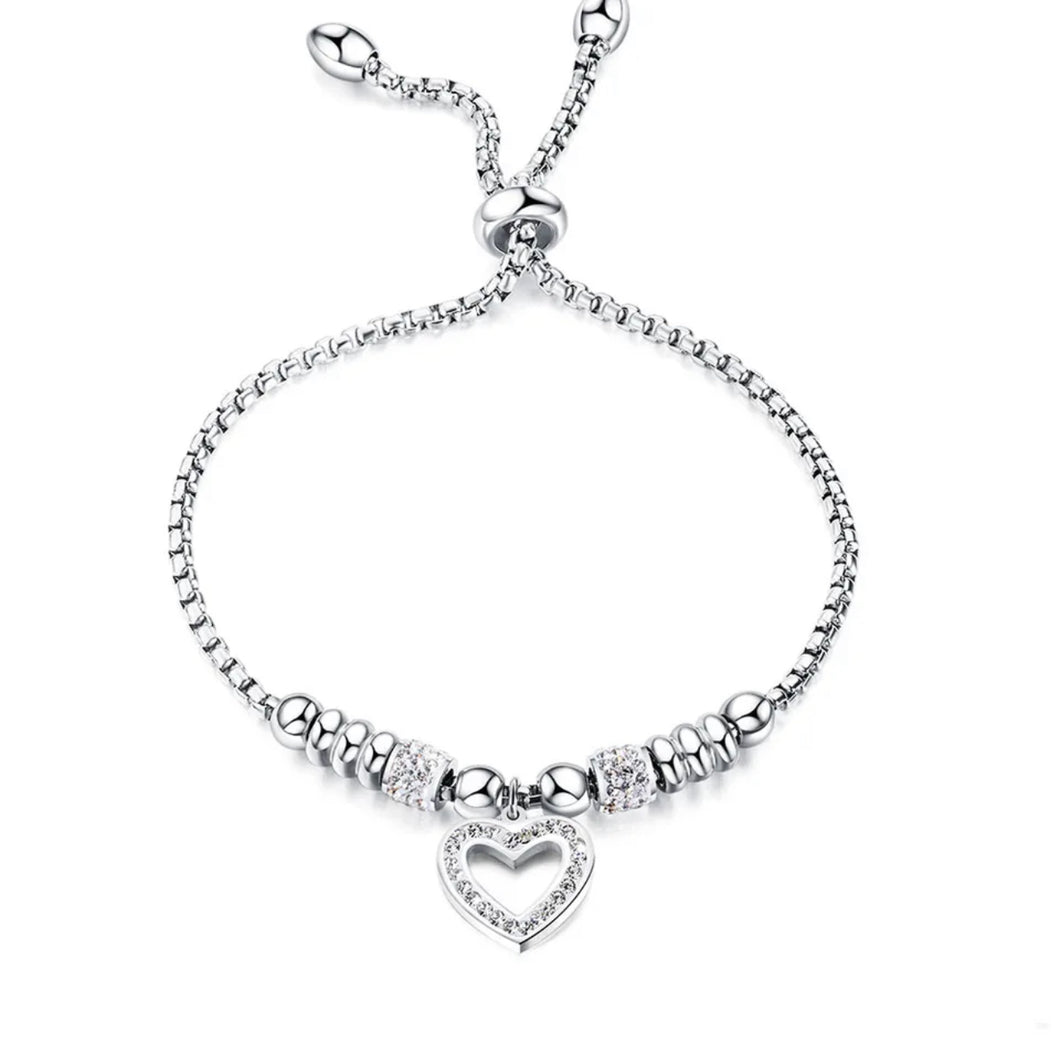 Silver crystal heart charm bracelet