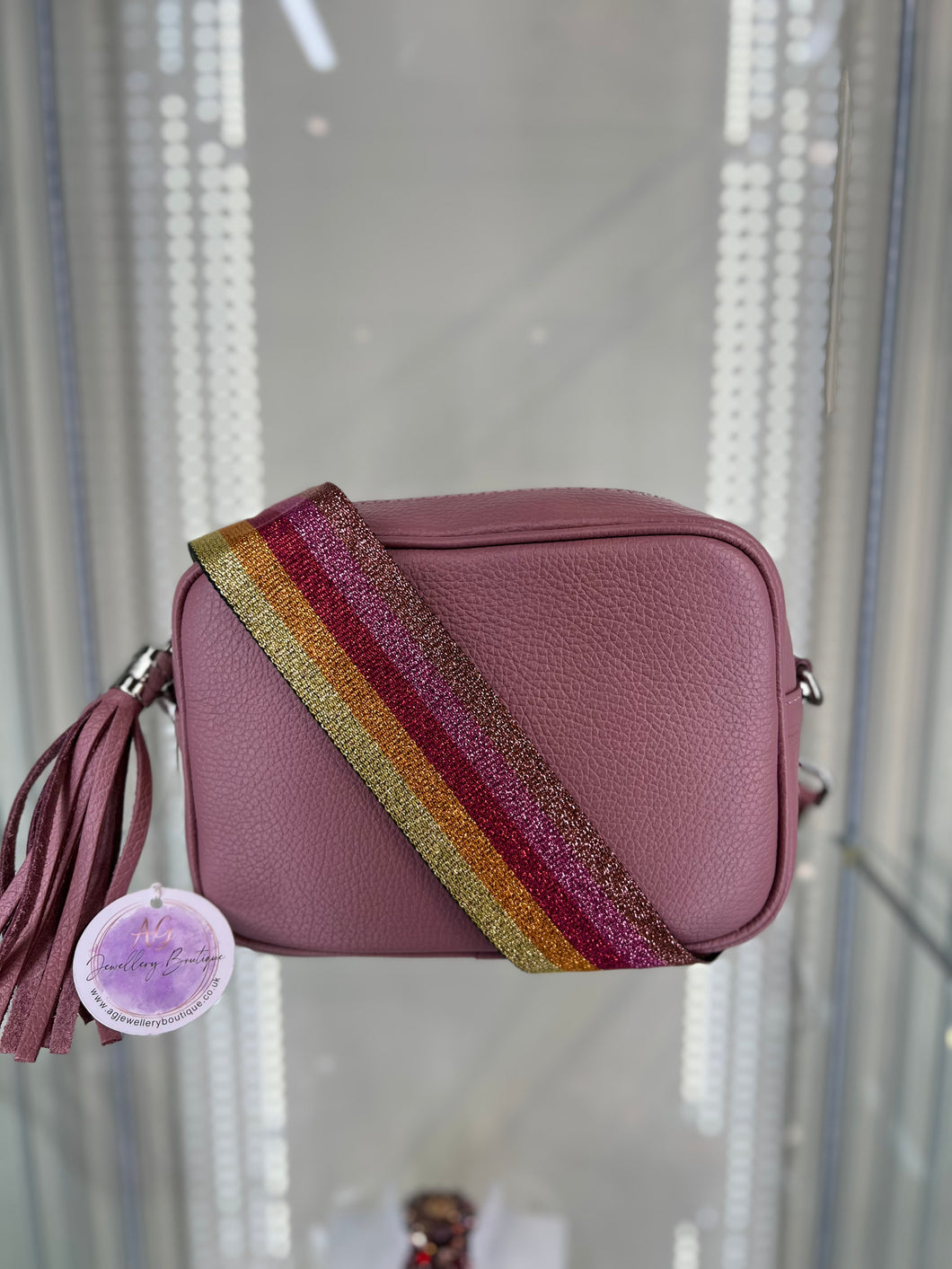 Real Leather Pink Bag with Lemon/Pink Striped strap