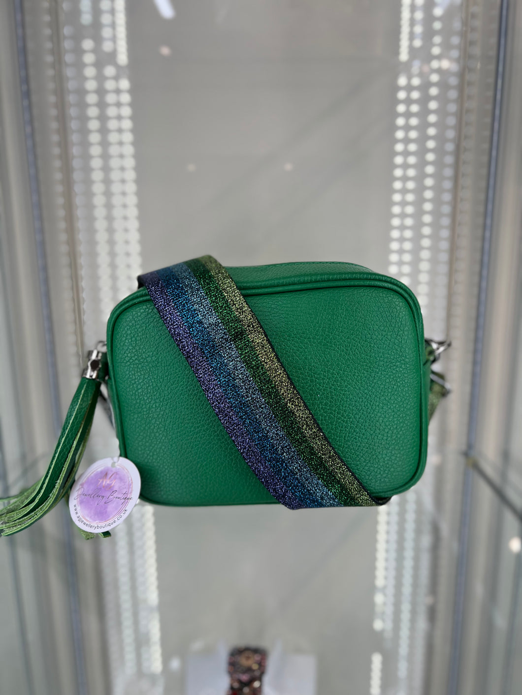 Real Leather Green bag with Purple/Green striped strap