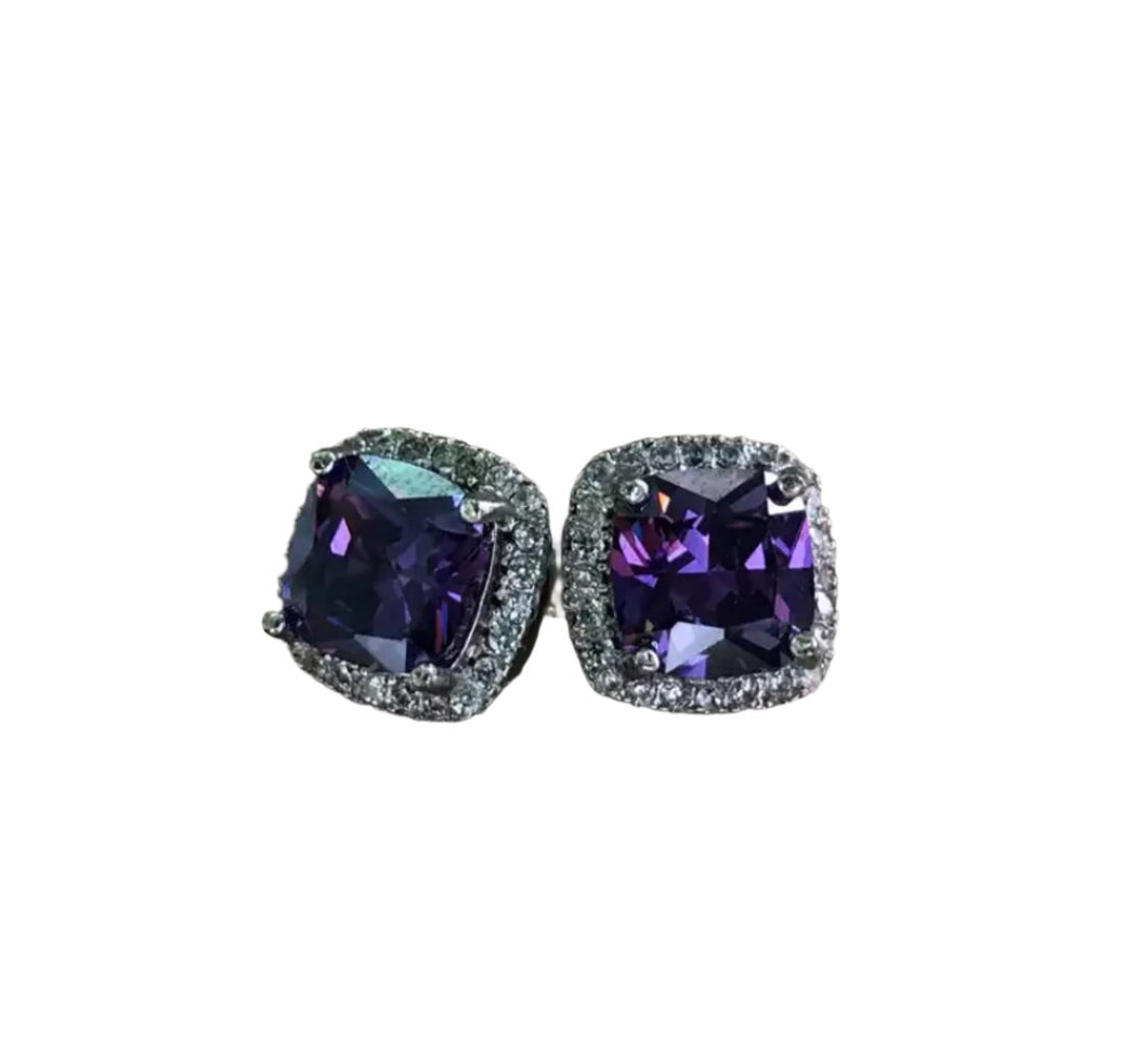 Silver Colour Purple Stone Set Diamante earrings