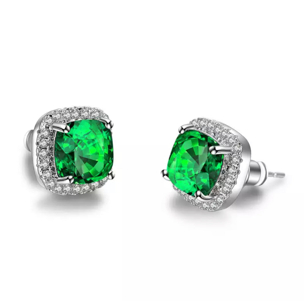 Green Stone set Diamanté Square Earrings