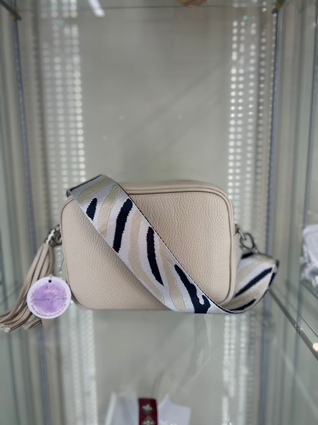 Real Leather Cream Crossbody bag with cream/Black/White  Strap