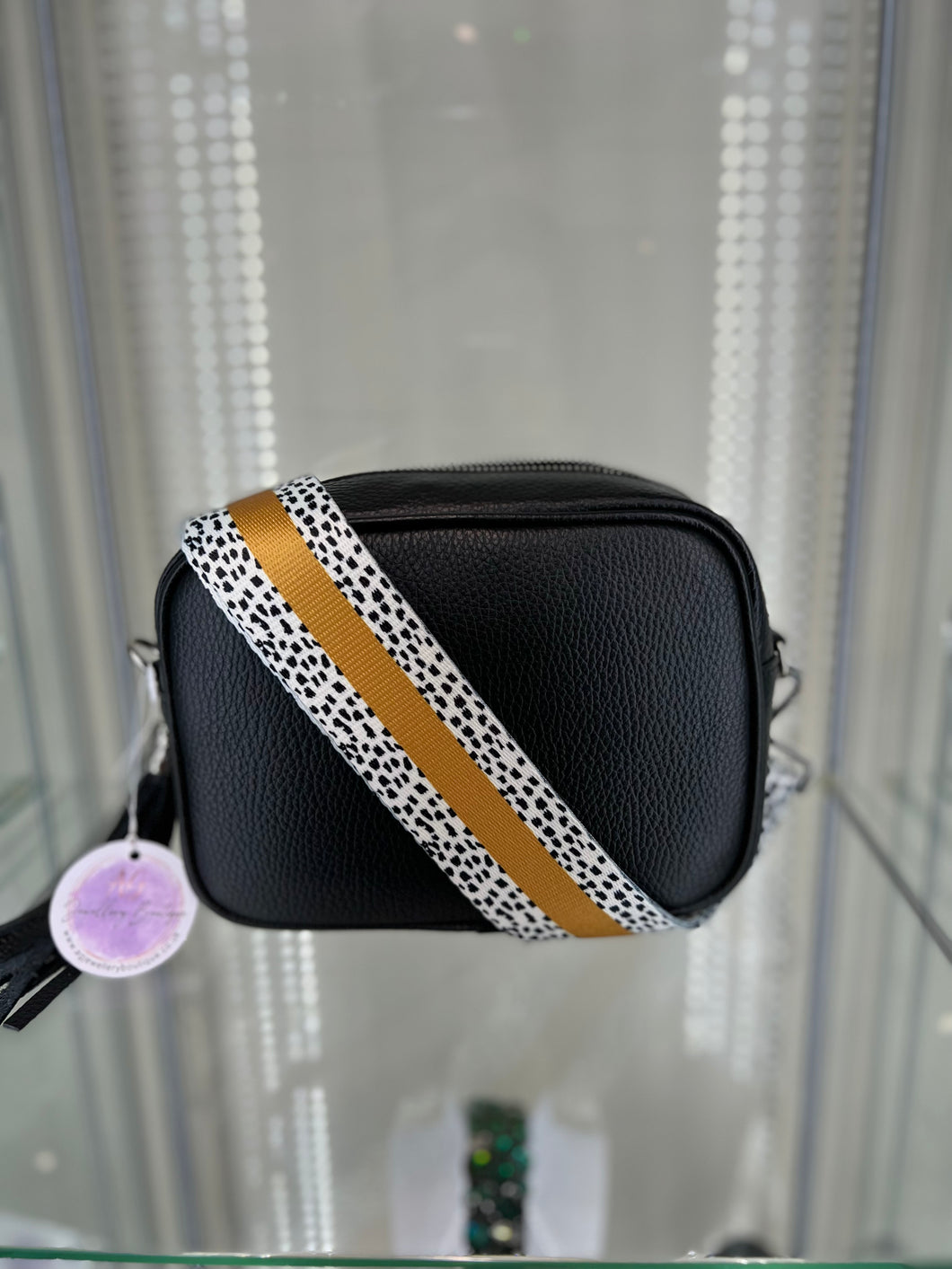 Real Leather Black Crossbody Bag with Mustard Stripe Strap