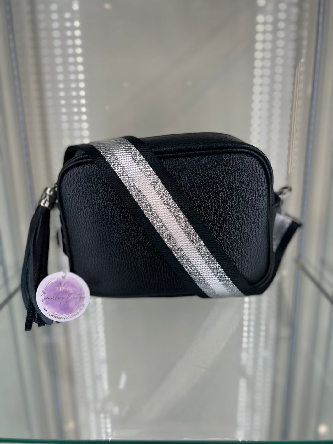 Real leather Black crossbody bag with Black/Silver/White Striped strap