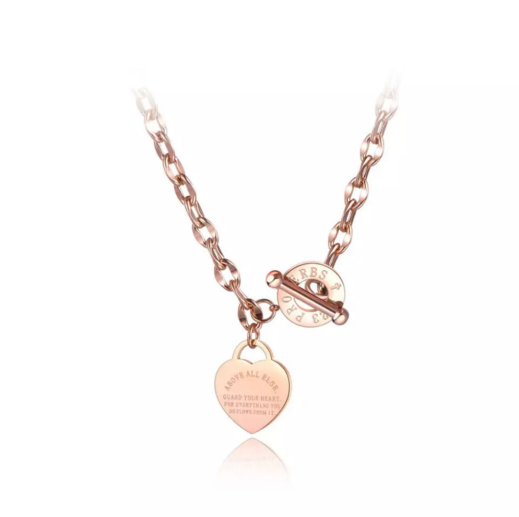 S/S Rose Gold Coloured Proverbs Heart Necklace