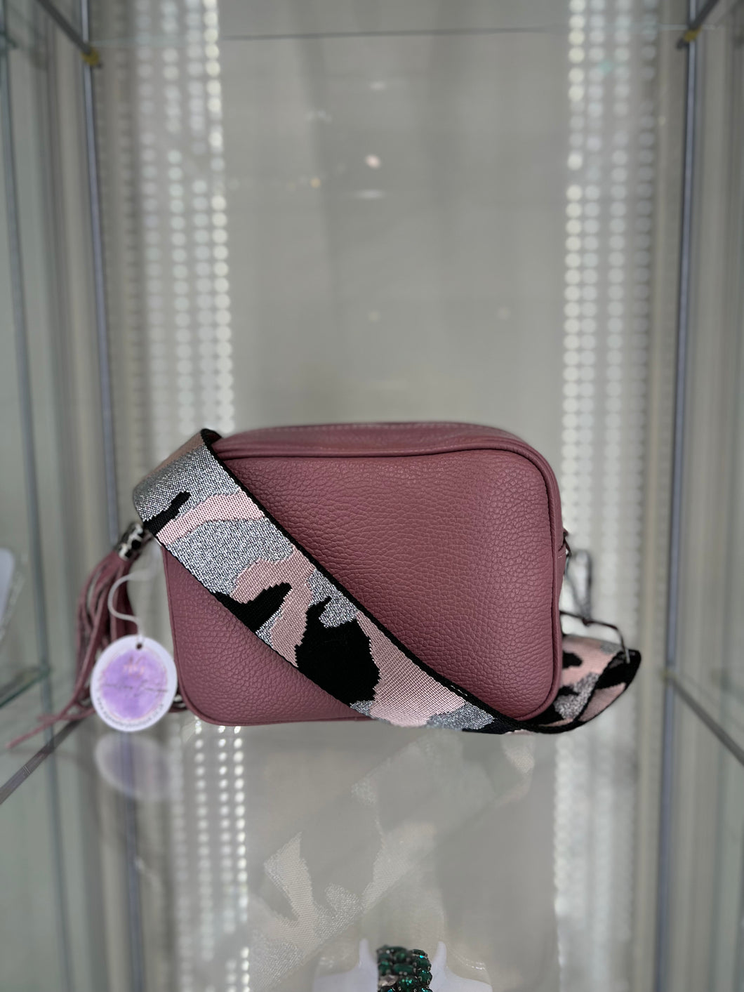 Real Leather Pink Crossbody bag with Camo print Strap