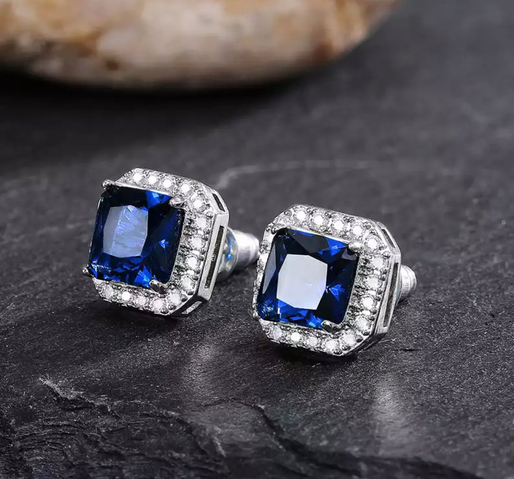Blue stone & Diamanté square Earrings