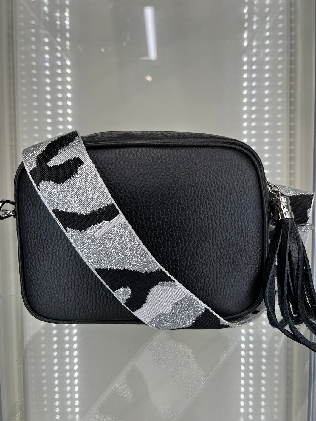 Real Leather Black Crossbody Bag with Camo Strap