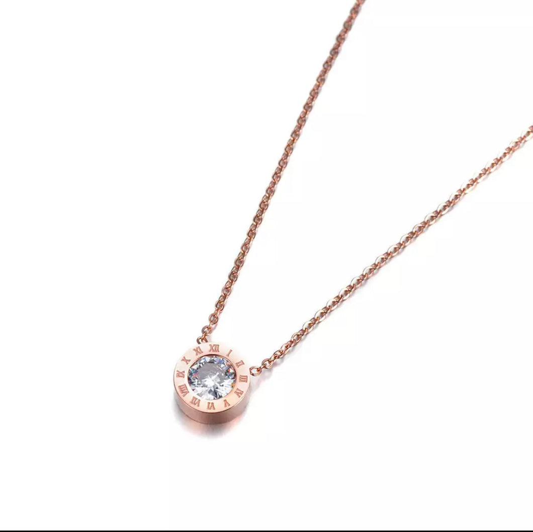Rose Gold Tone Stone set Roman Numeral Necklace