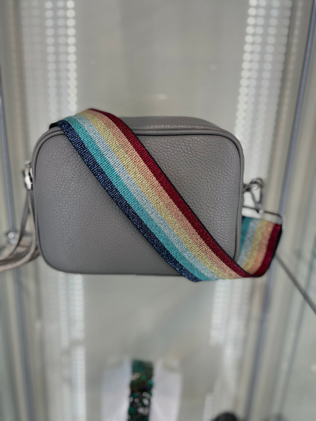 Real Leather Light Grey Crossbody Bag with Rainbow Striped Strap