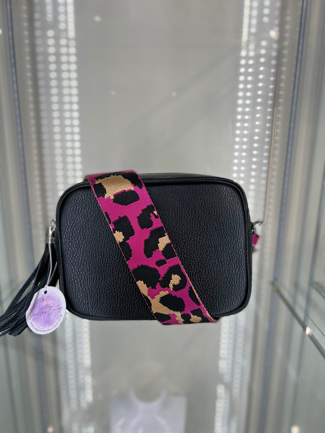 Real leather Black Crossbody bag with Pink Leopard Print Strap