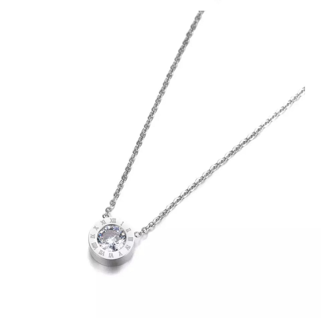 Silver Tone Roman Numeral Stone set Necklace
