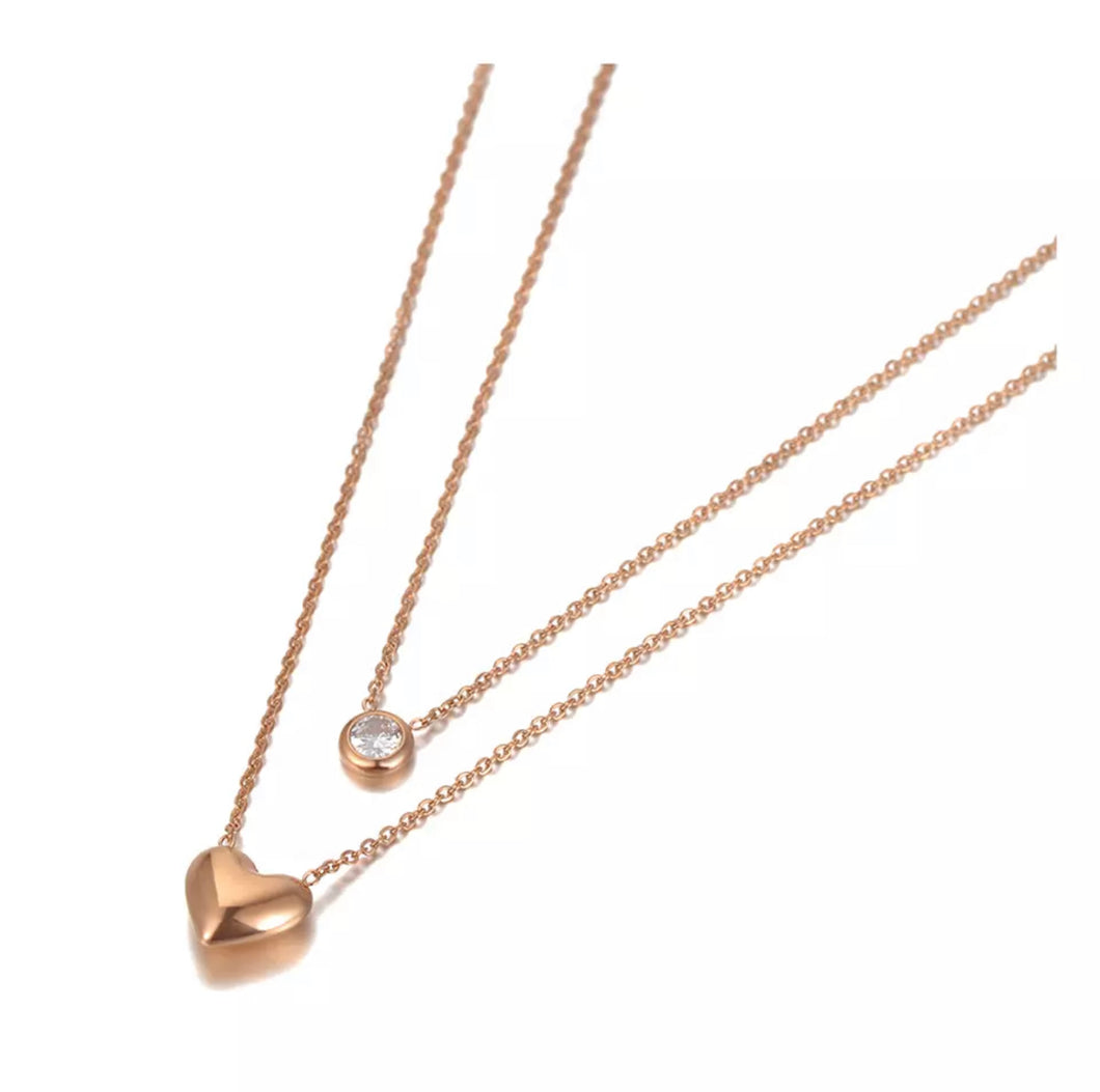 Rose Gold Double Heart & Stone Set Necklace