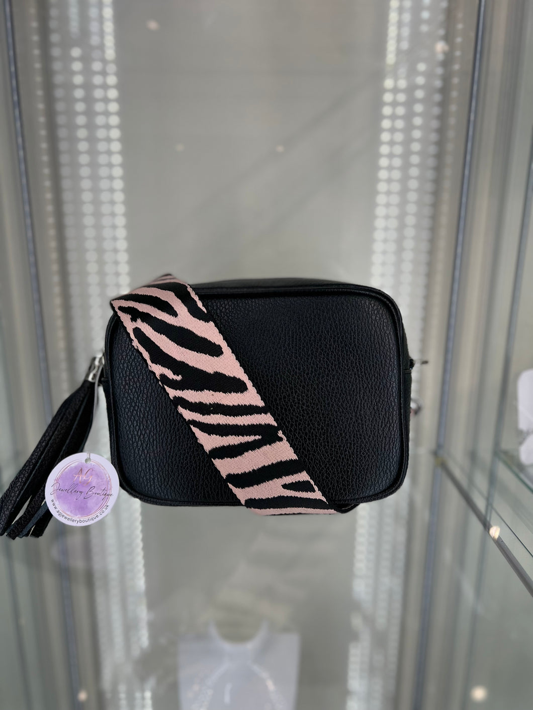 REAL Leather Black Crossbody bag with pink Zebra print Strap