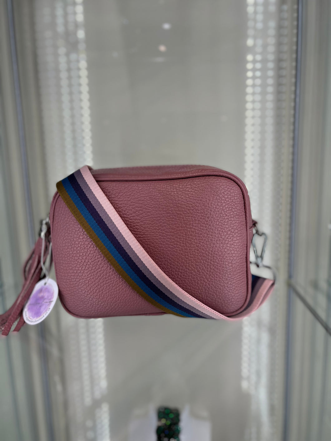 Real Leather Pink Handbag with Striped Strap