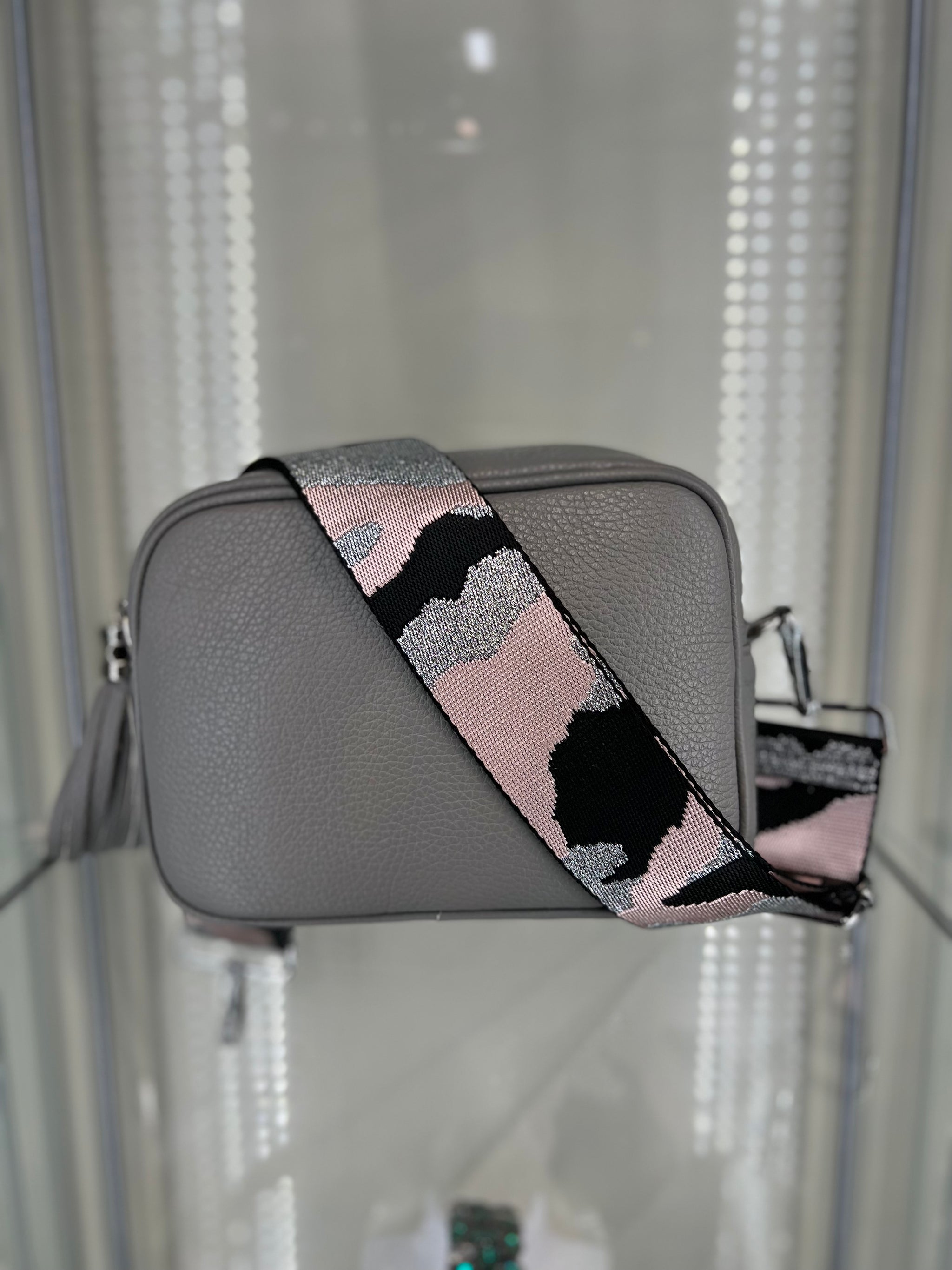 Real Leather Light Grey Crossbody Bag with Pink Camo Print Strap
