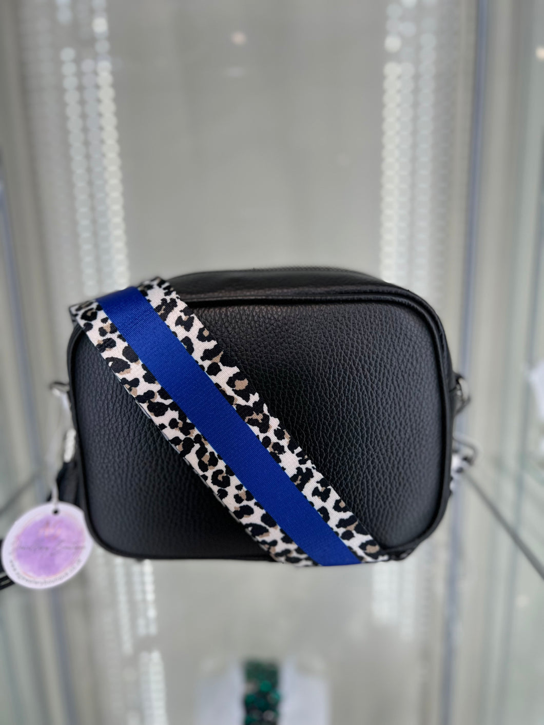Real Leather Black Crossbody Bag with Royal Blue Striped