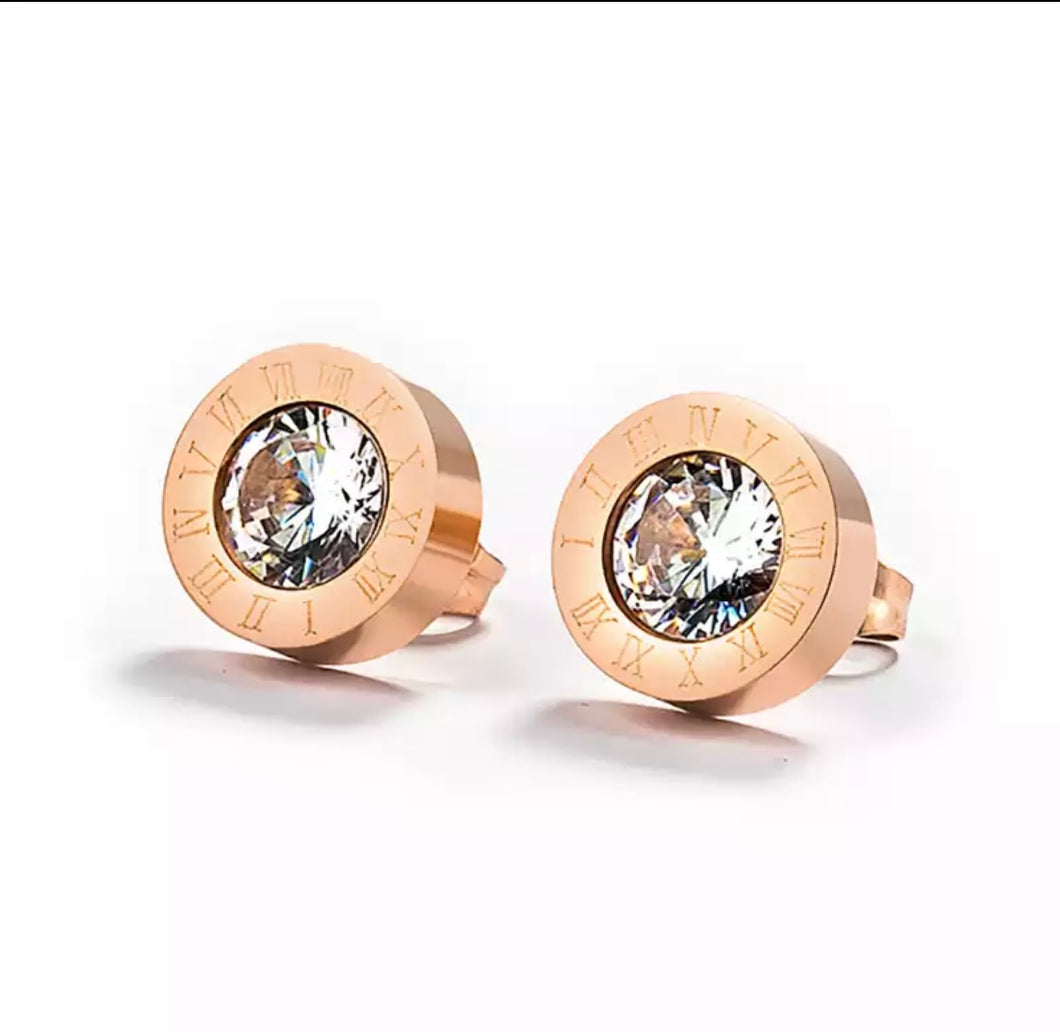 Rose Gold Coloured Roman Numeral Stone Set earrings