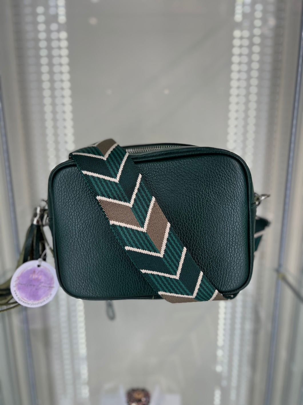 Real Leather Forest Green Bag with Green chevron strap