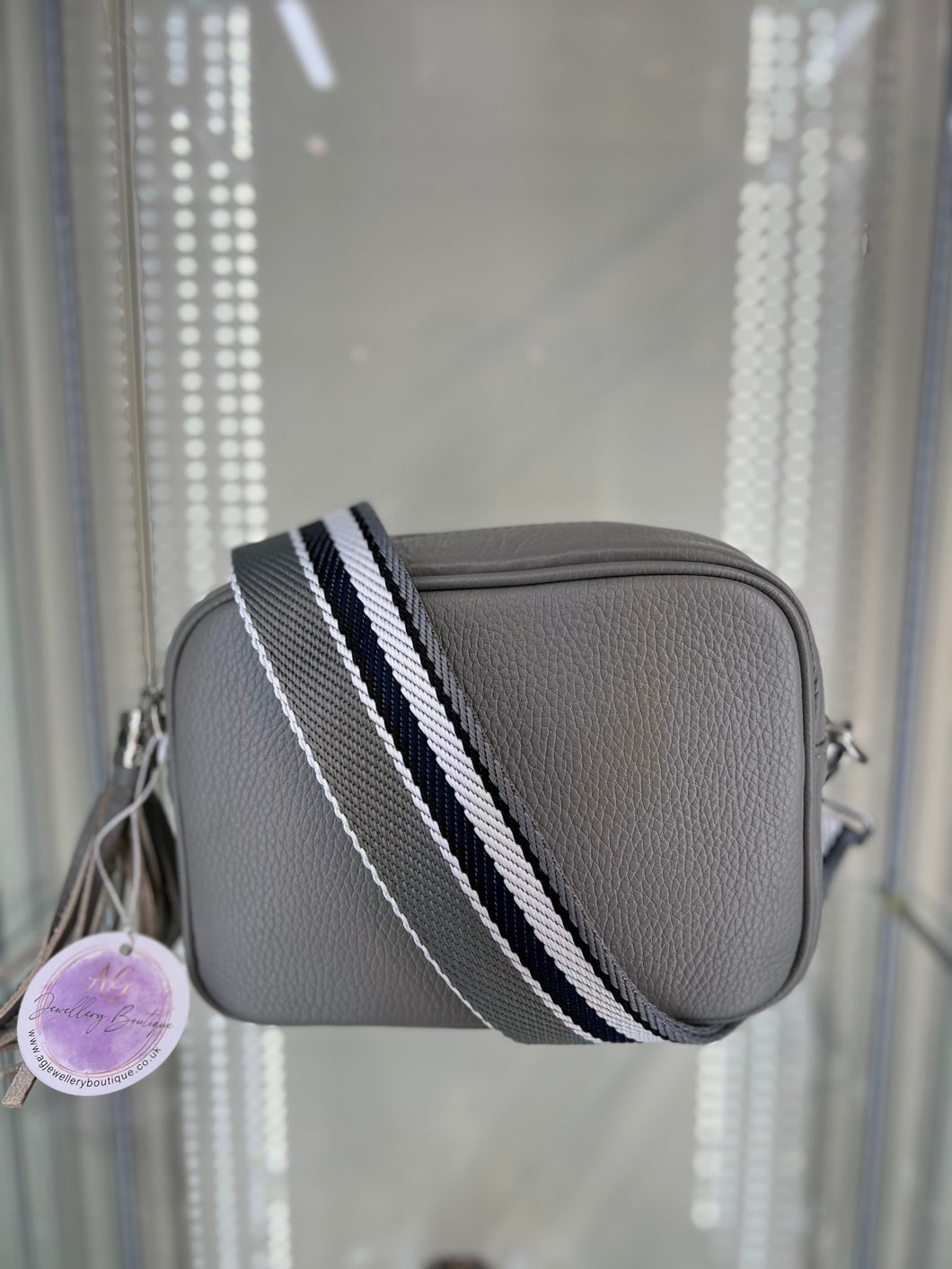 Real Leather Leather Handbag with Navy/Grey/White Striped strap
