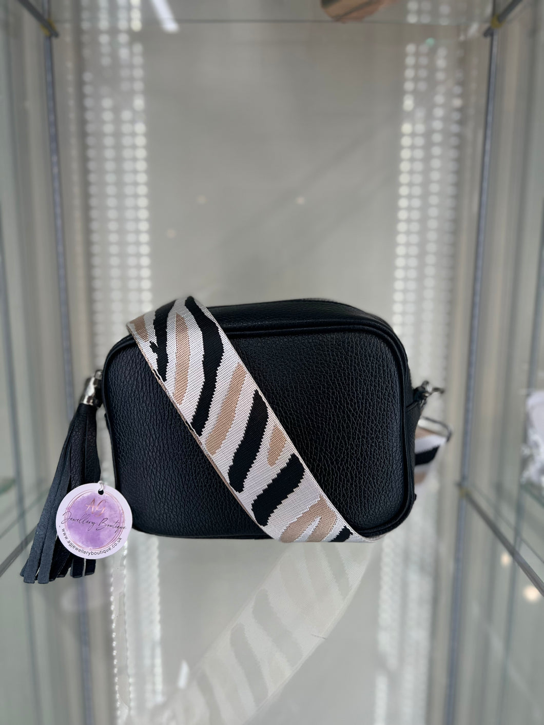 Real leather Black crossbody bag with Zebra Print strap