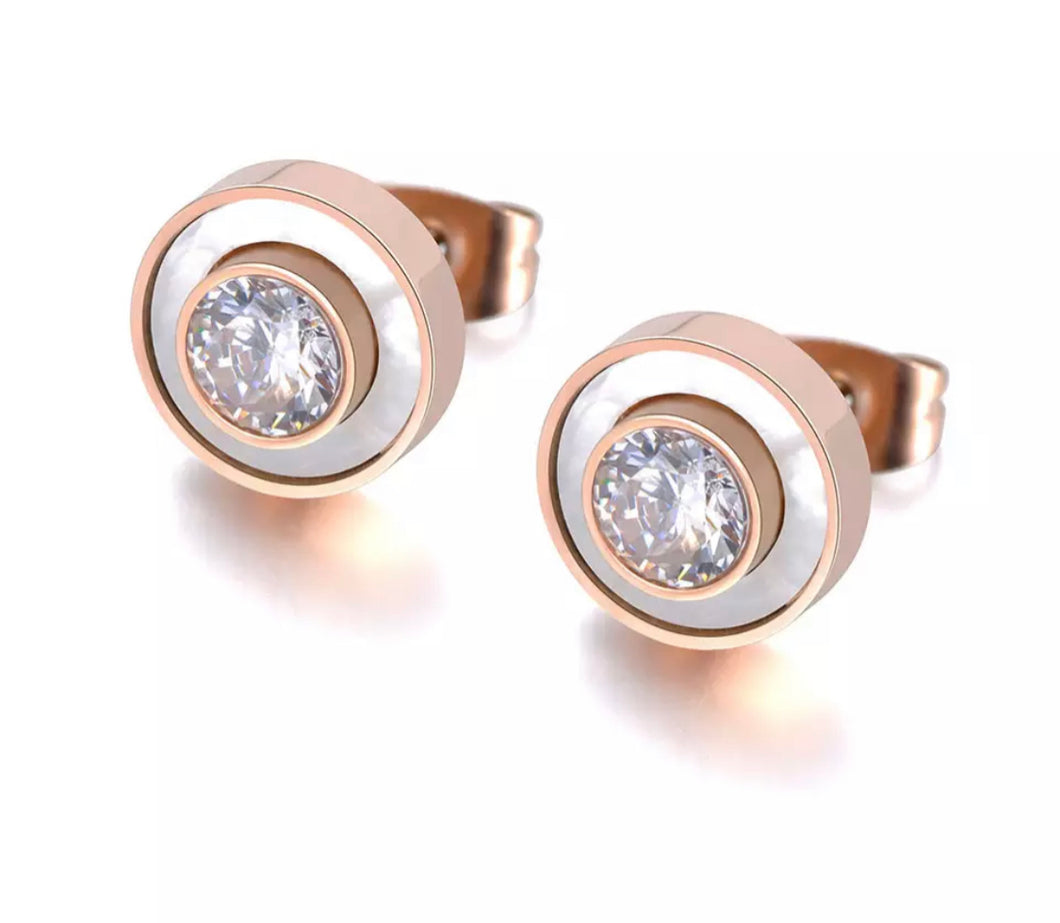 Rose Gold Stone set Earrings with Mother of Pearl edge
