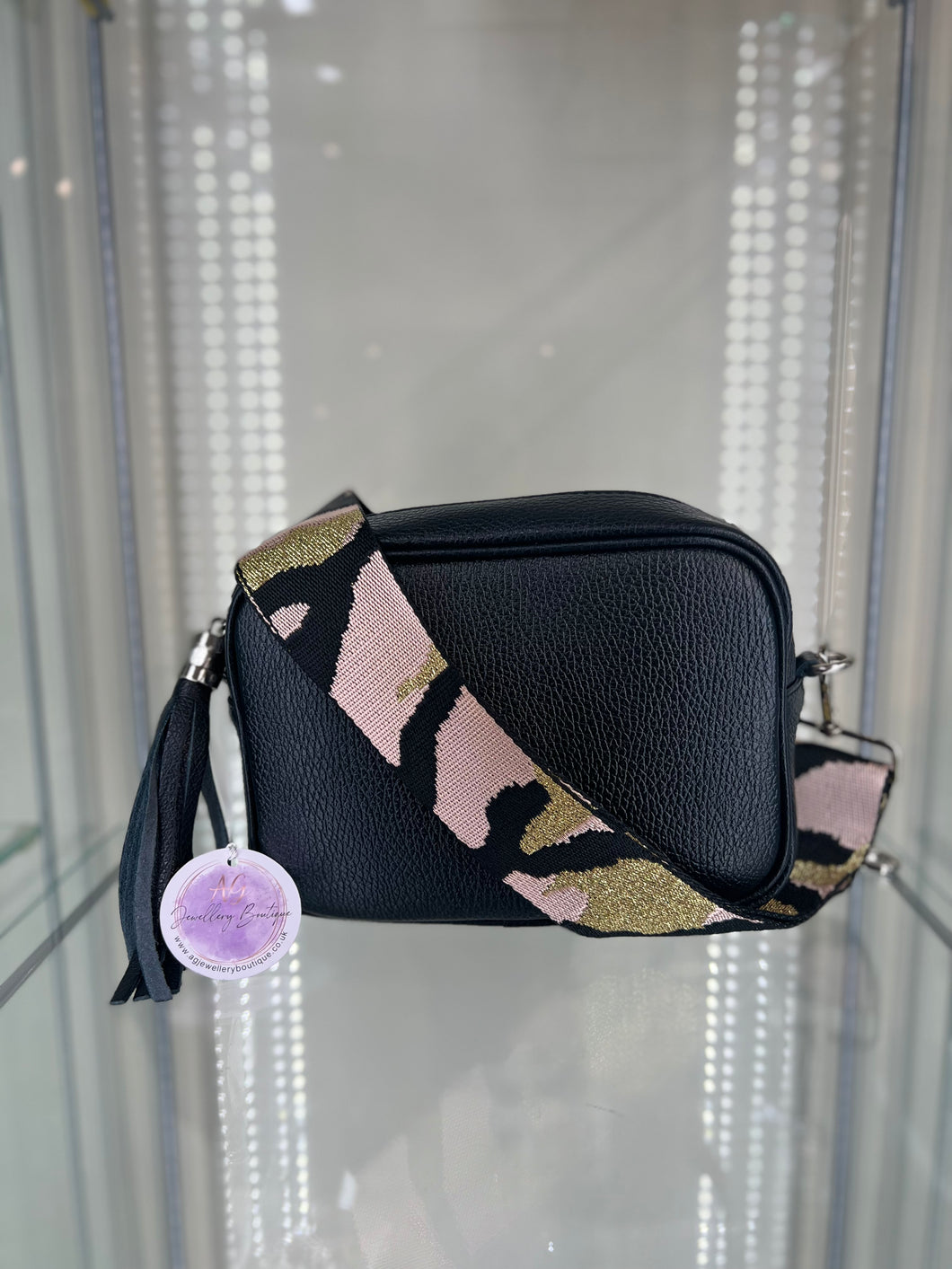 Real leather Black crossbody bag with Camo Pink/Black Gold  strap