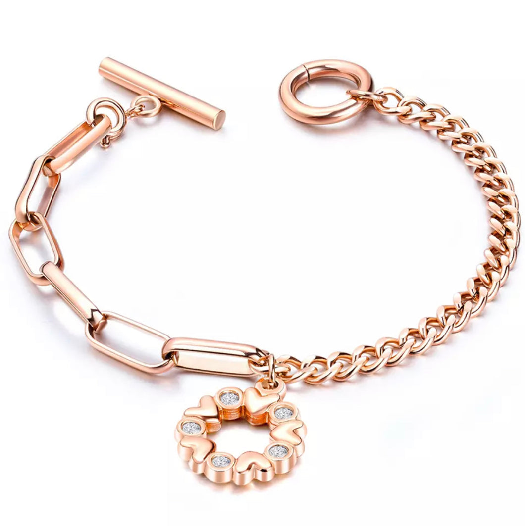 Rose Gold 1/2 curb & open link heart charm bracelet