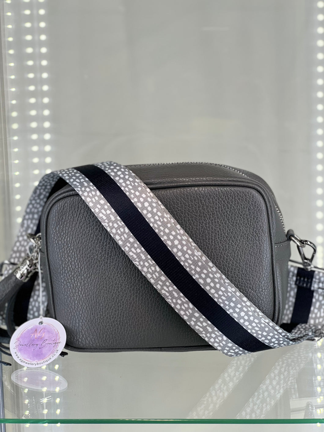 REAL leather Dark Grey crossbody Bag with Striped Strap