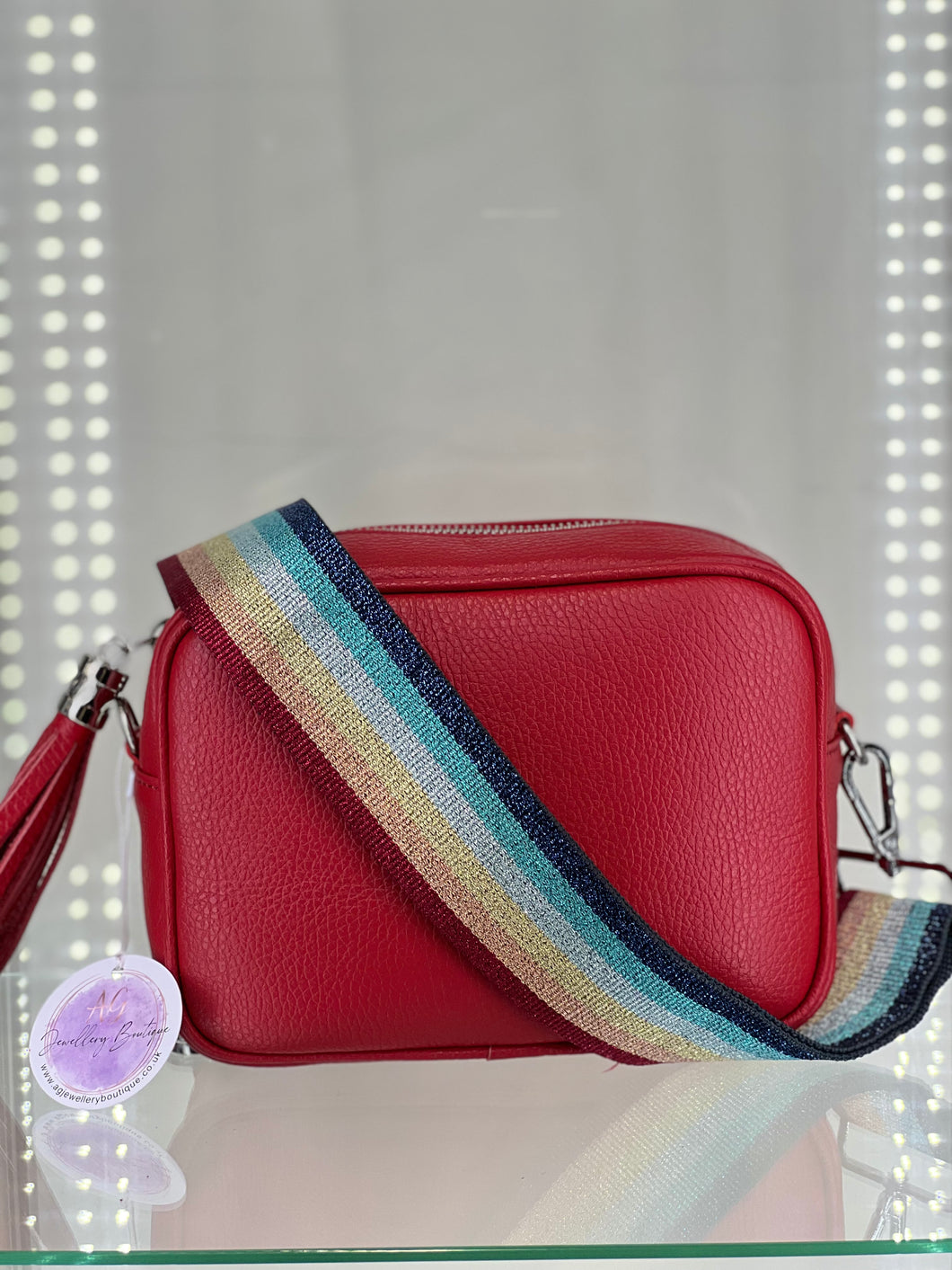 Real Leather Red Crossbody bag with rainbow strap