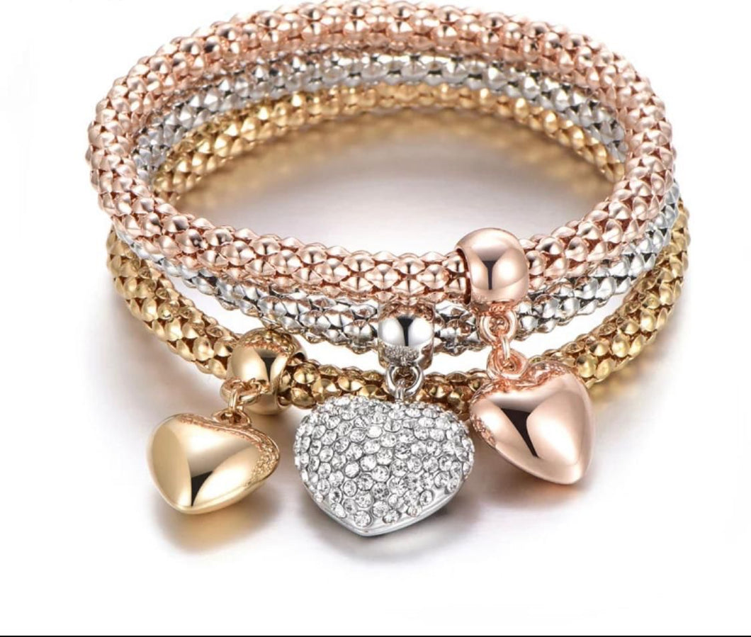Trio of Rose/Silver/Gold Chunky Heart Charm Bracelets