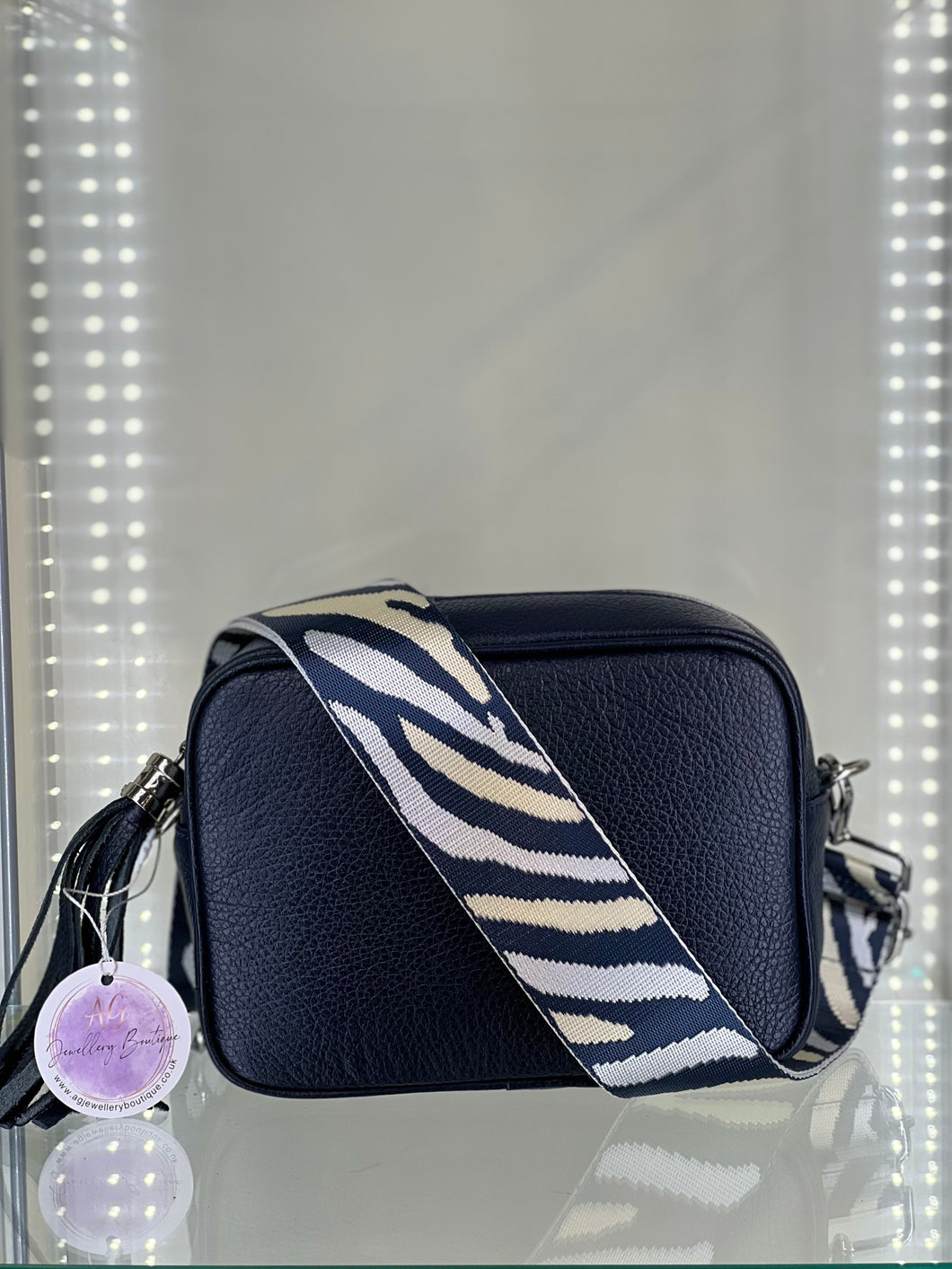 Real Leather Navy Crossbody Bag with Zebra Strap