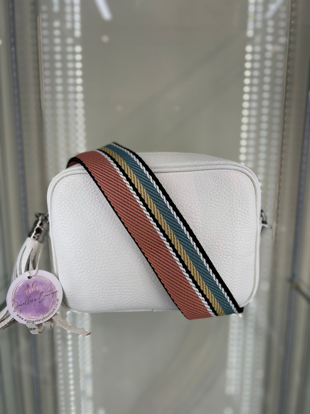 Real Leather White Bag with Coral/Blue striped strap