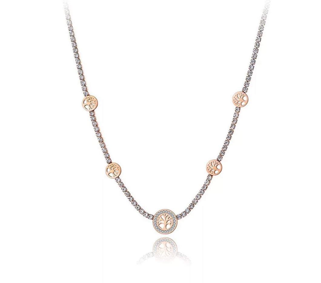 Tree of Life Stone Set Necklace Rose Tone