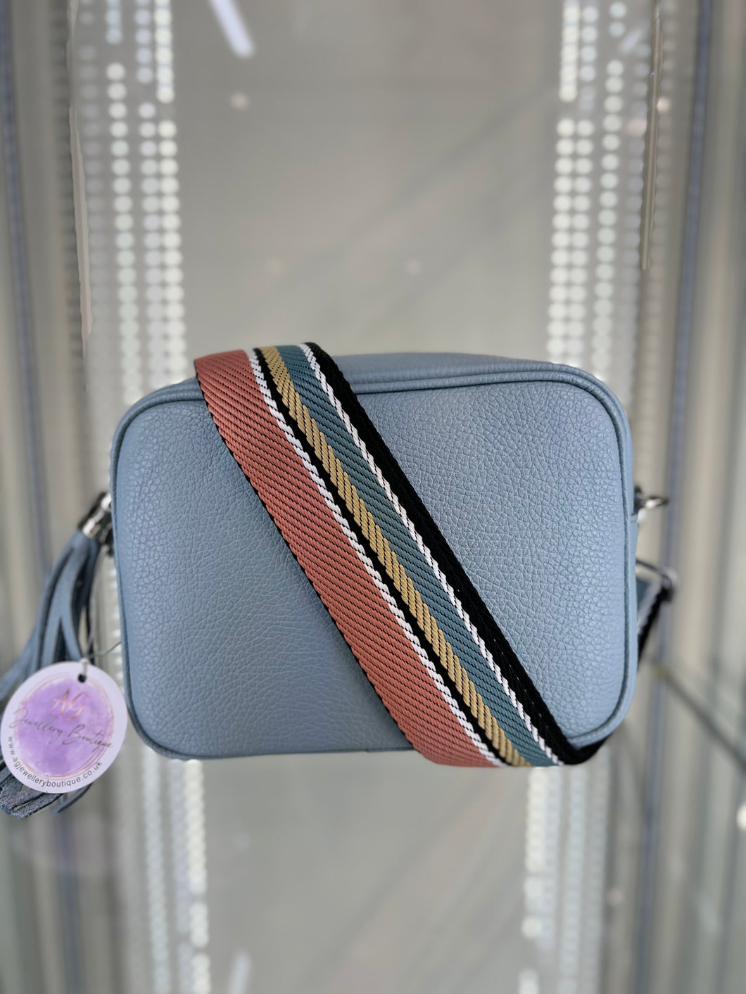 Real Leather Light Blue with Coral/Blue Striped Strap