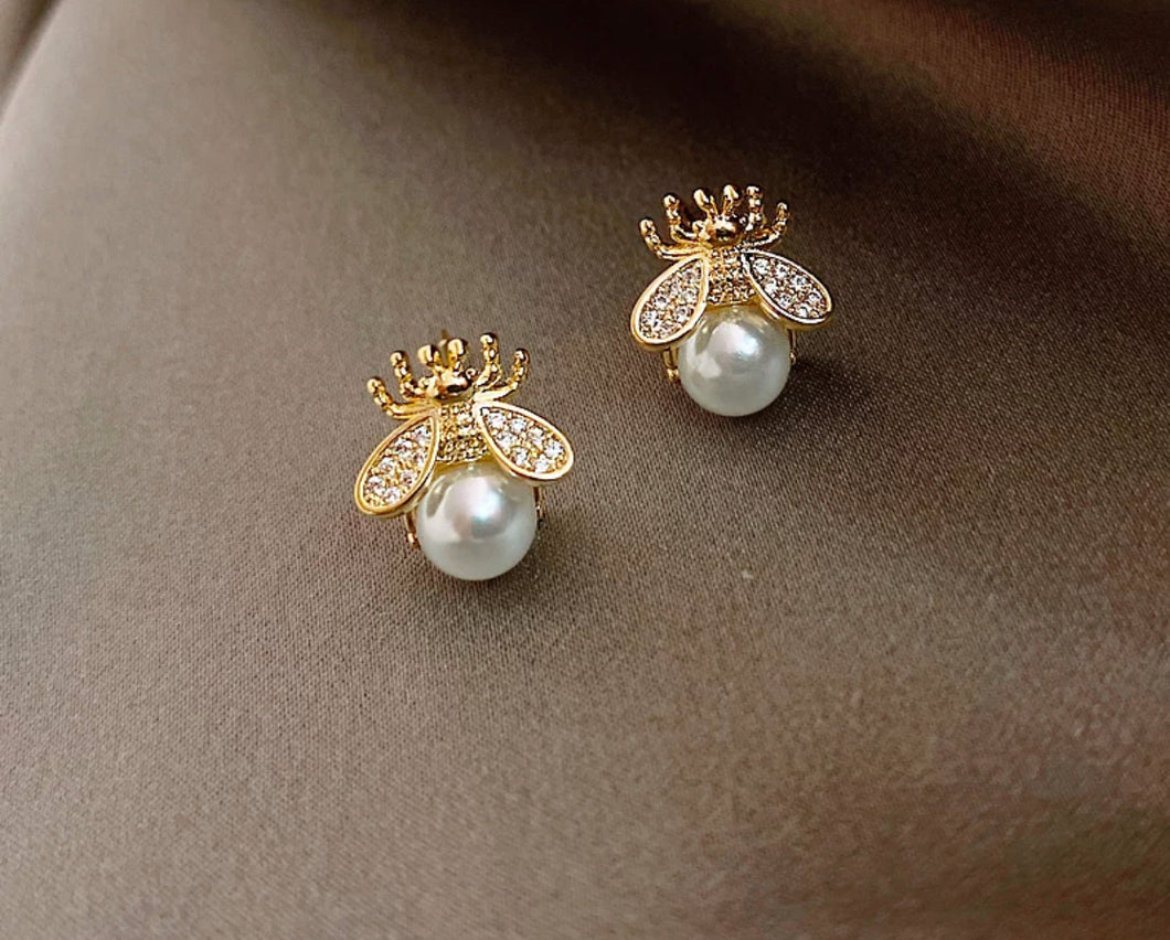 Gold, Pearl & Diamanté Bee Earrings
