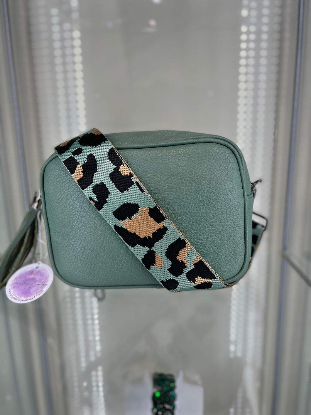Real Leather Mint Crossbody Bag & Animal Print Strap