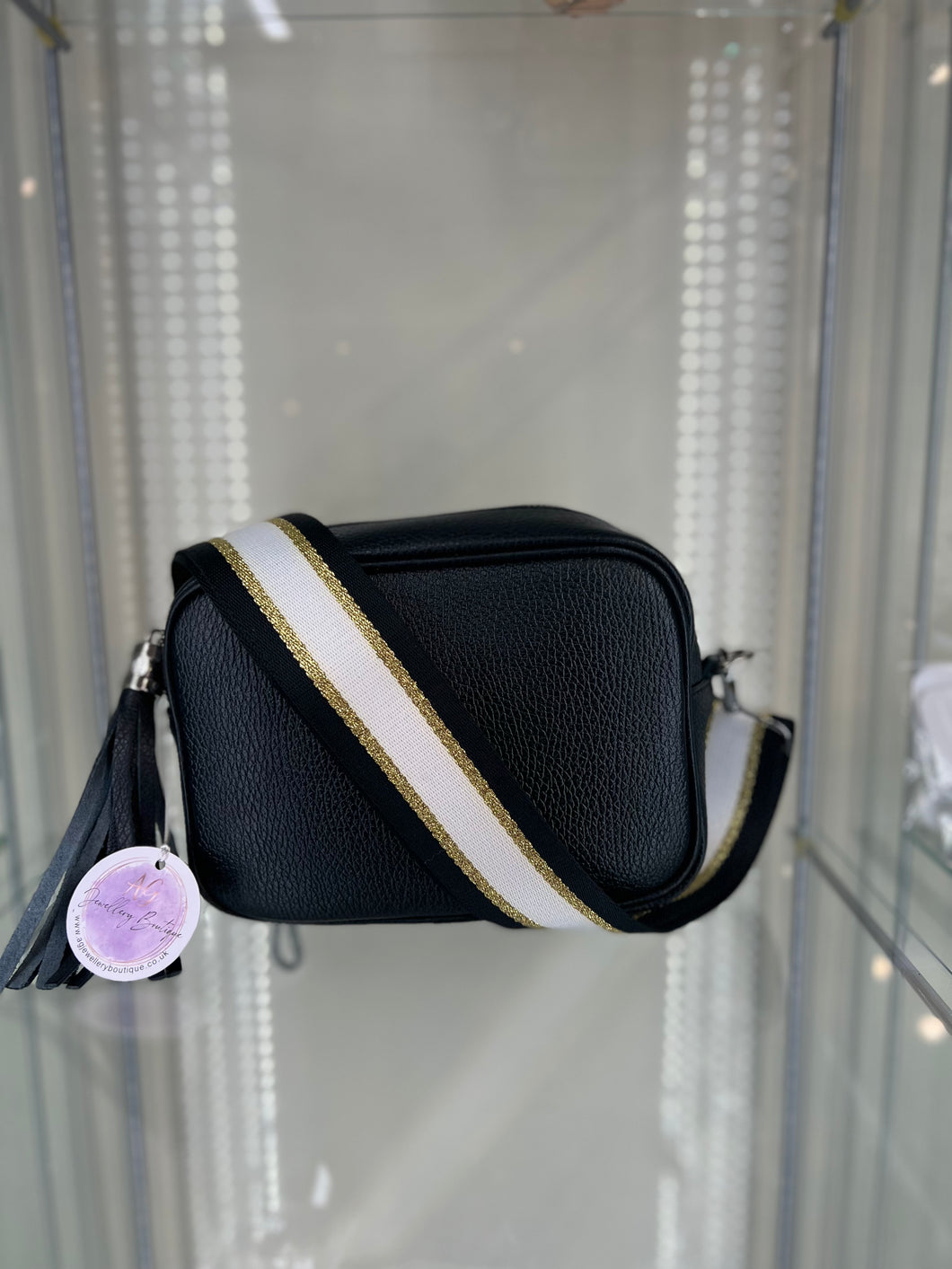 Real leather Black crossbody bag with Black/Gold White strap